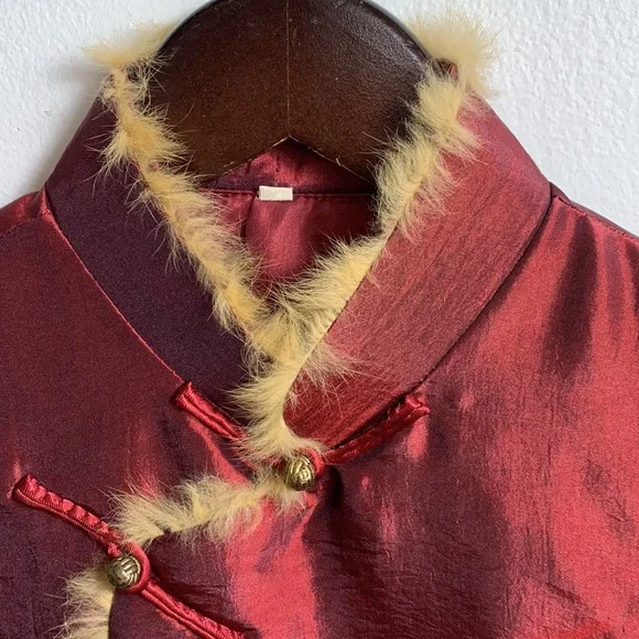 Antique Floral Embroidered Burgundy Silk Vest with Golden Fur Trim, frog toggles - Picture 3 of 12